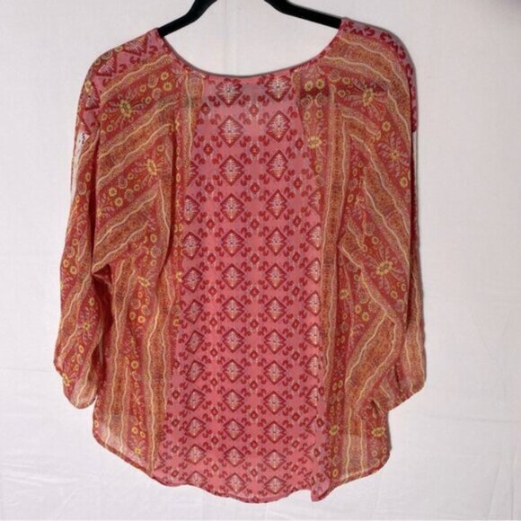 Figueroa And Flower Orange Link Multi Print Semi Sheer Long Sleeve Boho Blouse M - Picture 2 of 15